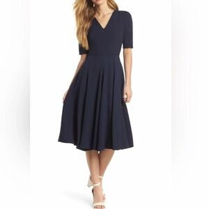 GAL MEETS GLAM EDITH CITY CREPE FIT & FLARE V-NECK MIDI-DRESS SIZE 2 NAVY BLUE